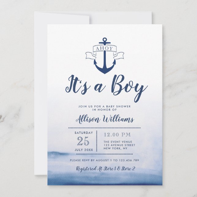 watercolor blue nautical baby shower invitation (Front)