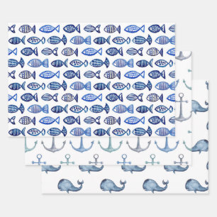 Watercolor blue nautical pattern. Fish, whale Wrapping Paper Sheet