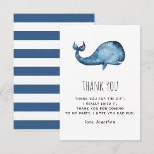 Watercolor blue navy cute whale. Kids birthday Thank You Card