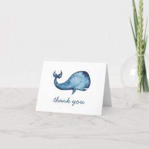 Watercolor blue navy cute whale. Kids birthday Thank You Card