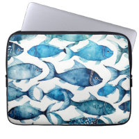 Watercolor blue navy fish pattern. Nautical animal