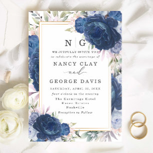 Watercolor Blue & Navy Floral Monogram Wedding Invitation