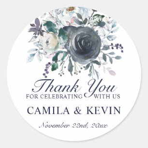 Watercolor Blue Navy Floral Wedding Thank You Classic Round Sticker