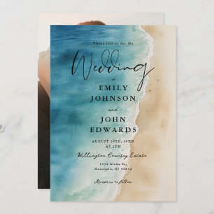 Watercolor Blue Ocean Beach Sand Photo Wedding Invitation