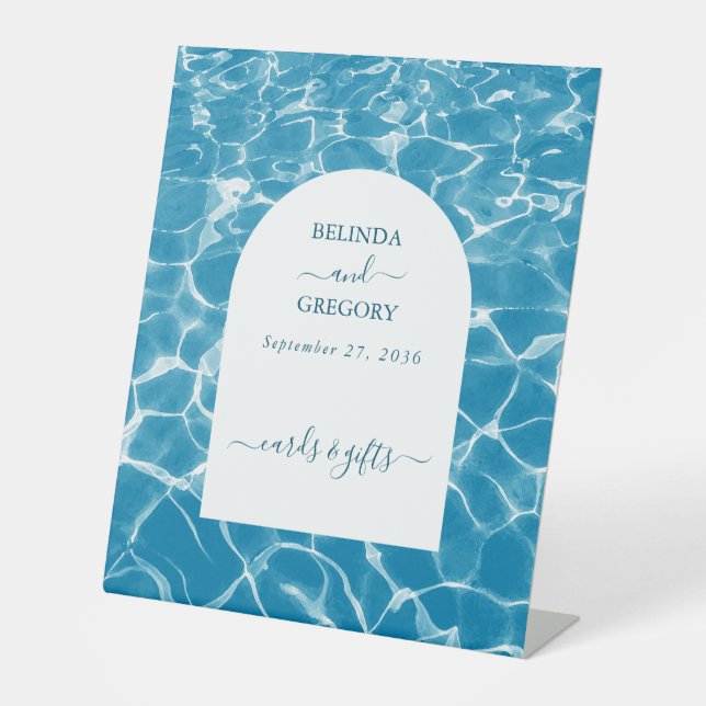 Watercolor Blue Ocean Beach Wedding Cards Gifts Pedestal Sign (Front)