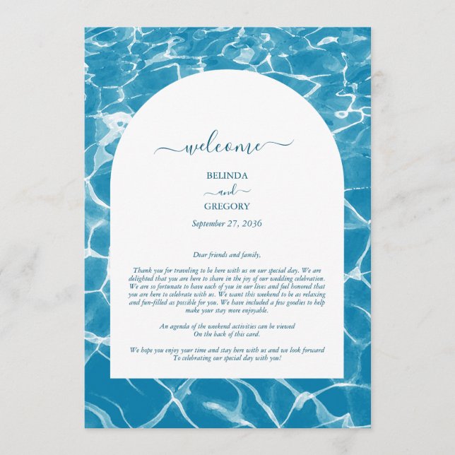 Watercolor Blue Ocean Beach Wedding Itinerary  Program (Front)