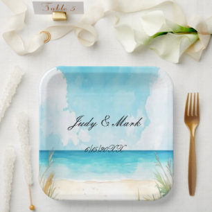 Watercolor Blue Ocean Beach Wedding Paper Plate