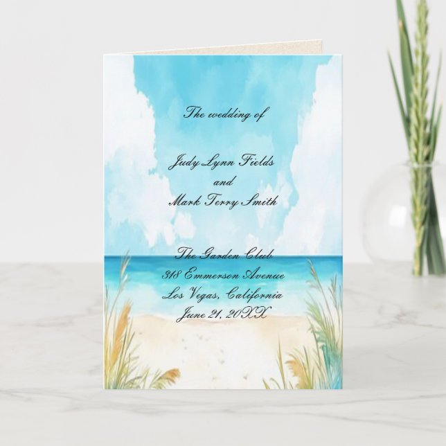 Watercolor Blue Ocean Beach Wedding Program (Front)