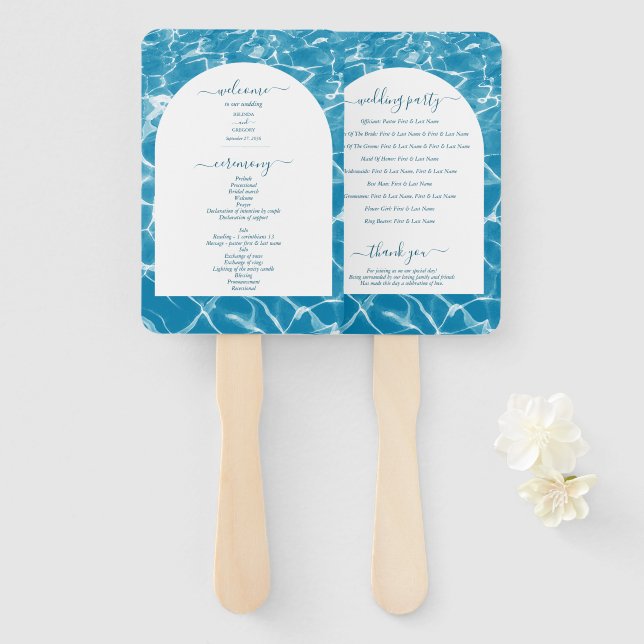 Watercolor Blue Ocean Beach Wedding Program Hand Fan (Front and Back)