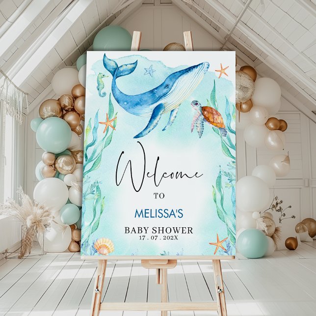 Watercolor Blue Ocean Sea Baby Shower Welcome Poster (Under the Sea Baby Shower Welcome Sign Template, Editable Ocean Themed Baby Shower Welcome Sign Boy)