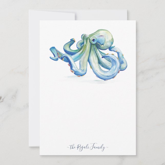 Watercolor Blue Octopus Note Cards With Envelopes (Front)