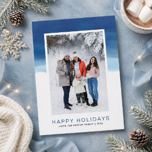 Watercolor Blue Ombre Happy Holiday Photo Card