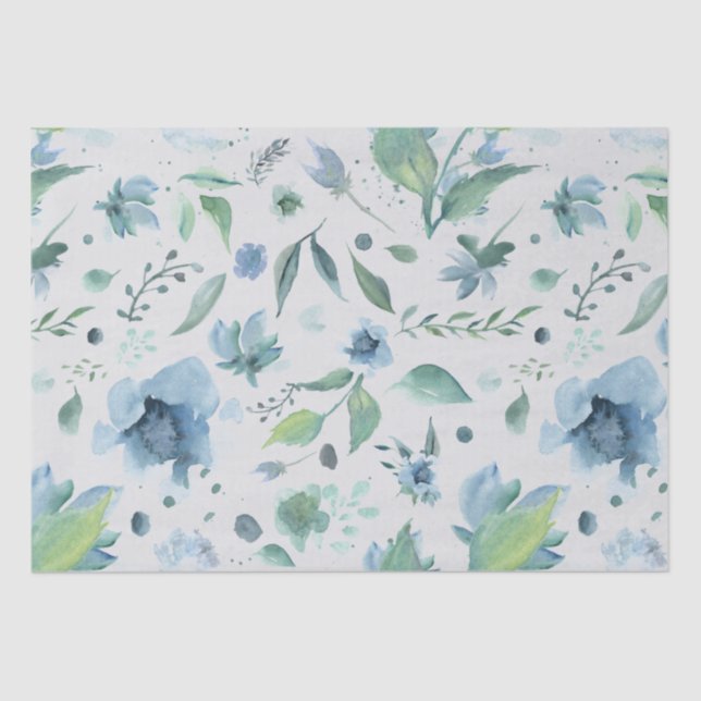 Watercolor Blue on Light Grey Floral  Tissue Paper (Front)