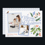 Watercolor Blue Orange Merry Christmas Two Photos Holiday Card<br><div class="desc">Watercolor Blue Citrus Merry Christmas Two Photo Holiday Card
This beautiful Christmas Photo Card features watercolor blue frames for two photos with Orange,  Citrus Flowers with winter garland greenery around Merry Christmas wording and cute Robin bird.
Message me for any need adjustments</div>