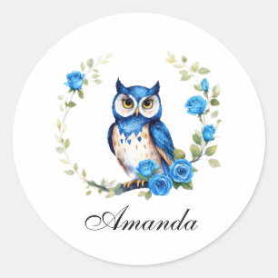 Watercolor Blue Owl and Roses Girly Classic Round Sticker
