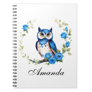 Watercolor Blue Owl and Roses Girly Notebook