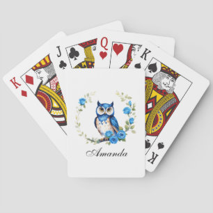 Watercolor Blue Owl and Roses Girly Playing Cards