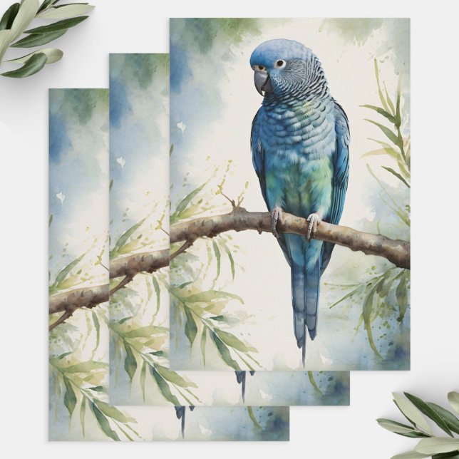 Watercolor Blue Parakeet Eucalyptus Decoupage Wrapping Paper Sheet (Creator Uploaded)