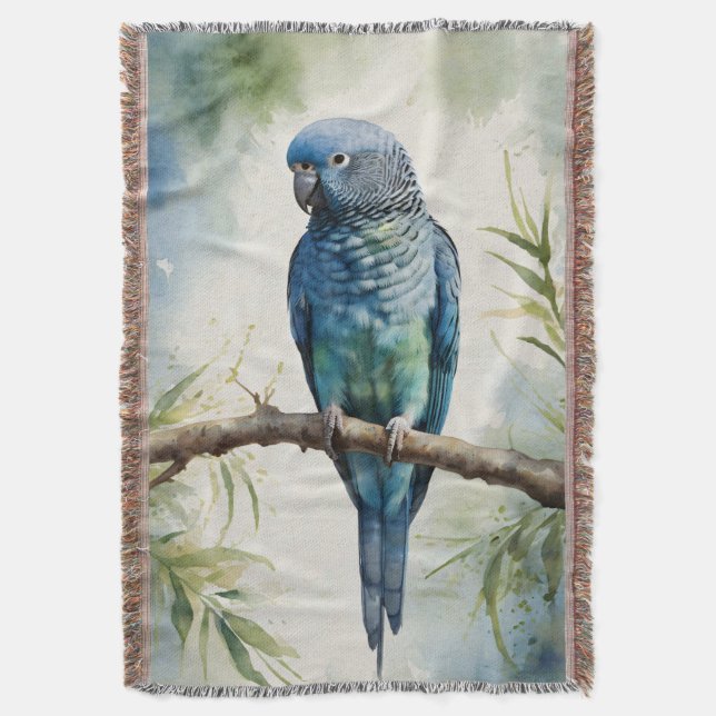 Watercolor Blue Parakeet Eucalyptus Tree Throw Blanket (Front Vertical)