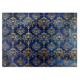 Watercolor Blue Pattern with Gold Damask Cutting Board