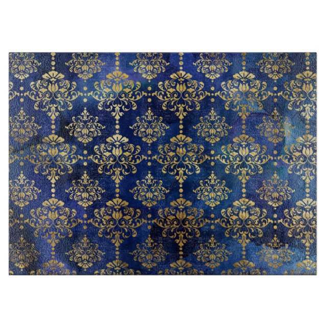 Watercolor Blue Pattern with Gold Damask Cutting Board (Front)