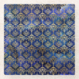 Watercolor Blue Pattern with Gold Damask Glass Coaster