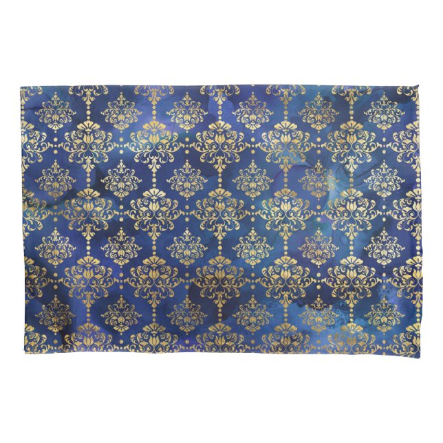 Watercolor Blue Pattern with Gold Damask Pillowcase (Front)