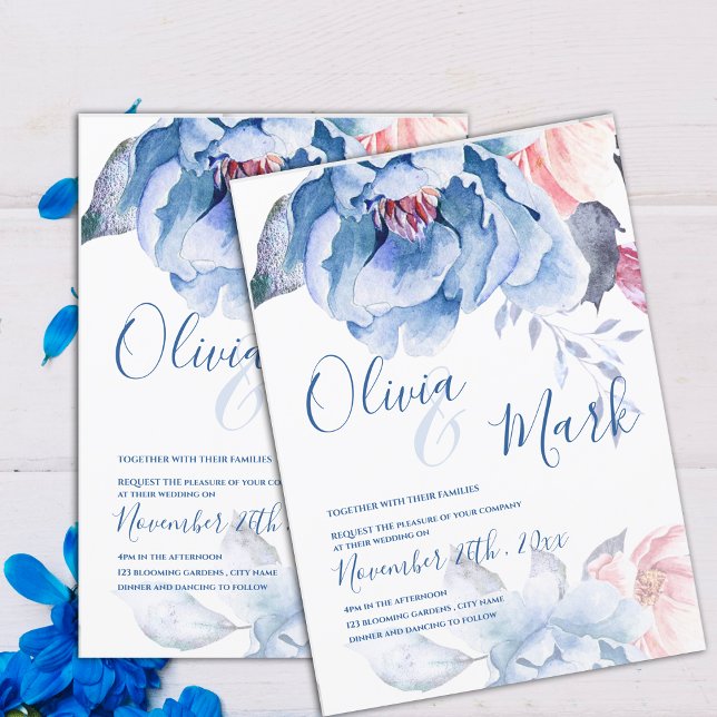 Watercolor Blue Peach Floral Cute Script Wedding Invitation (Watercolor Blue Peach Floral Cute Script Wedding Invitation)