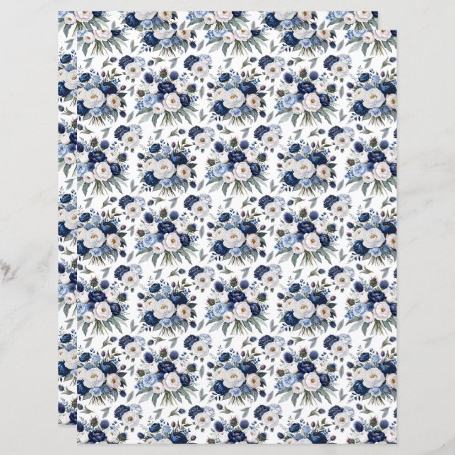 Watercolor Blue Peonies Scrapbook Paper (Front/Back)