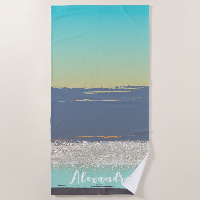 Watercolor Blue Personalised Beach Towel (Front)