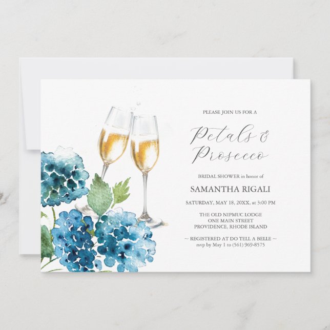 Watercolor Blue Petals & Prosecco Bridal Shower Invitation (Front)