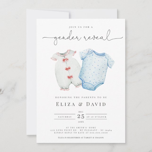  Watercolor Blue Pink Baby Clothes Gender Reveal Invitation (Front)