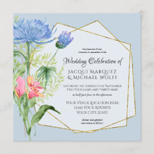 Watercolor Blue Pink Elegant Floral n Fern Wedding Invitation