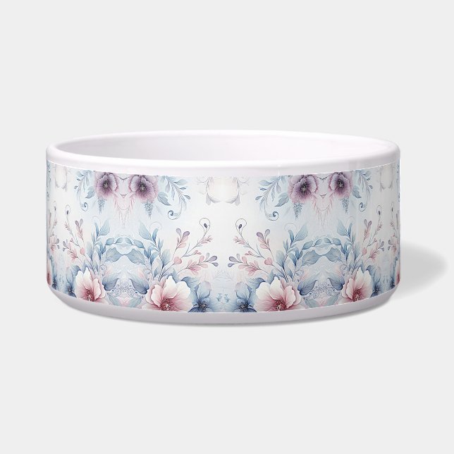 Watercolor Blue Pink Floral Ceramic Pet Bowl (Front)