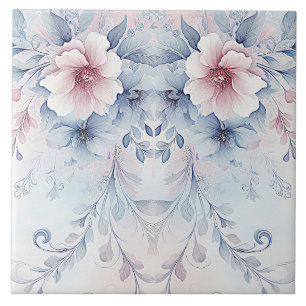 Watercolor Blue Pink Floral Ceramic Tile
