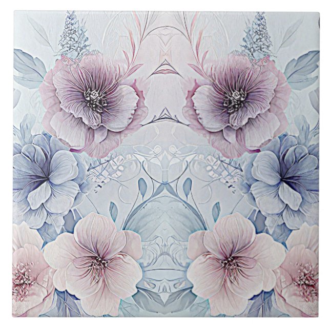 Watercolor Blue Pink Floral Ceramic Tile (Front)