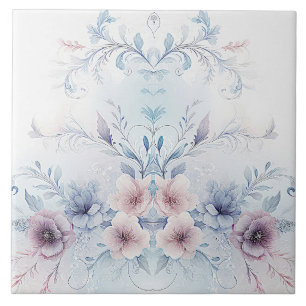 Watercolor Blue Pink Floral Ceramic Tile