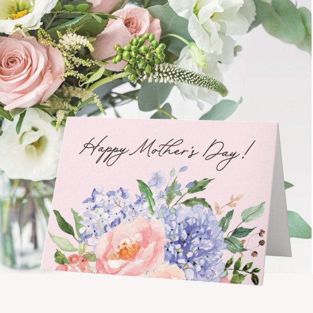 Watercolor Blue Pink Floral Happy Mother Day Card (In situ)