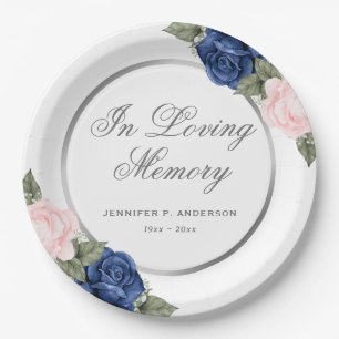 Watercolor Blue Pink Floral Memorial Funeral Paper Plate