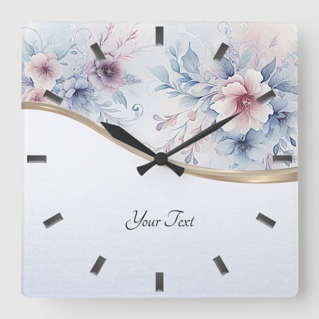 Watercolor Blue Pink Floral Wall Clock (Front)