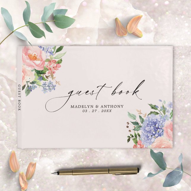 Watercolor Blue Pink Floral Wedding Guestbook (Close up photo)