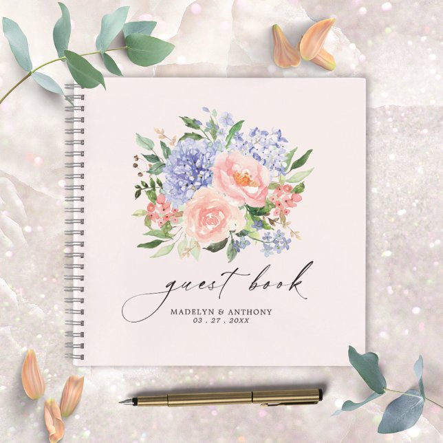 Watercolor Blue Pink Floral Wedding Guestbook Notebook (Close up photo)