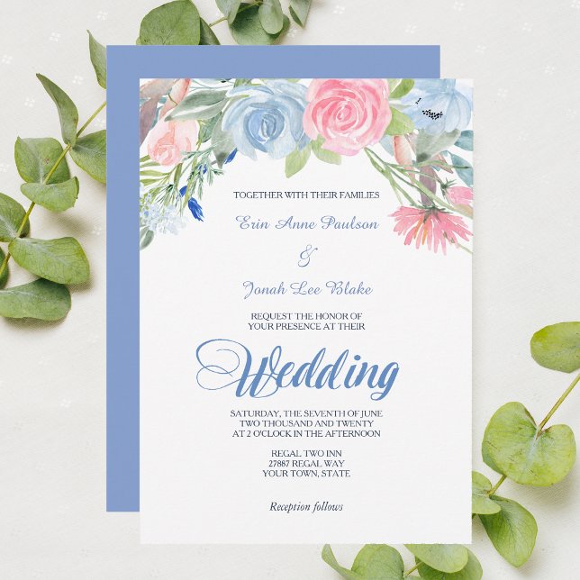 Watercolor Blue Pink Floral Wedding Invitation (Creator Uploaded)