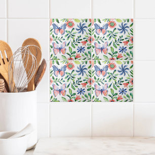 Watercolor Blue Pink Green Butterflies and Florals Ceramic Tile