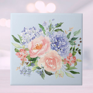 Watercolor Blue Pink Hydrangea Peony Spring Floral Ceramic Tile