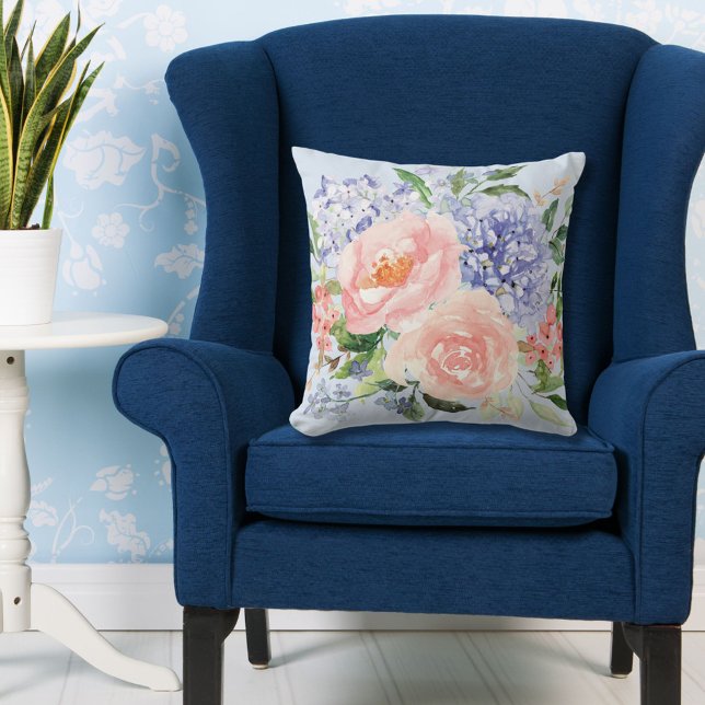 Watercolor Blue Pink Hydrangea Peony Spring Floral Cushion (In situ)