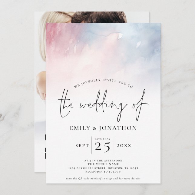 Watercolor Blue Pink Photo Overlay Wedding  Invitation (Front/Back)