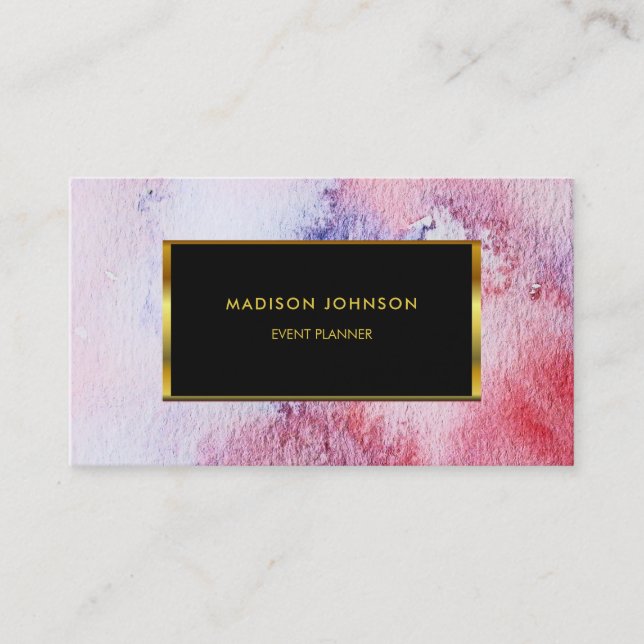 Watercolor blue pink splatter gold frame business card (Front)