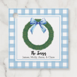 Watercolor Blue Plaid Bow Wreath Gift Tag