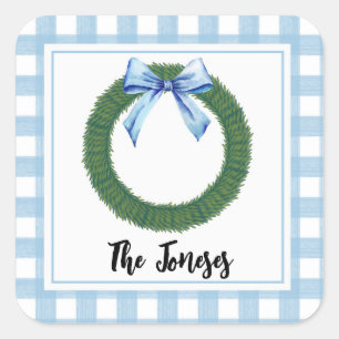 Watercolor Blue Plaid Bow Wreath Gift Tag Sticker